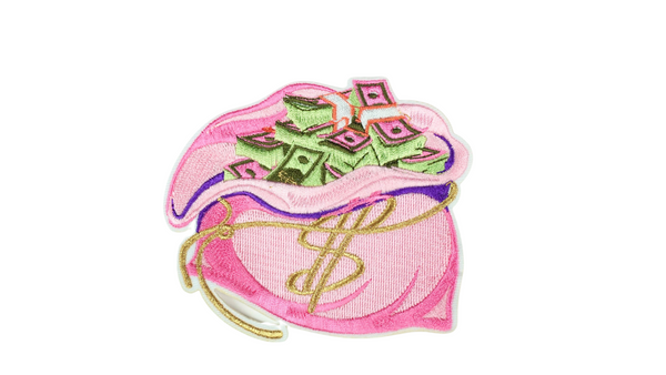 4" embroidered sew-on money bag patch in pink